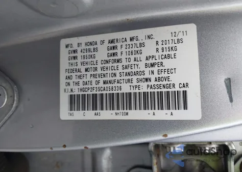 2012 Honda Accord 2.4 Lx из США, поврежденный, VIN 1HGCP2F35CA058336